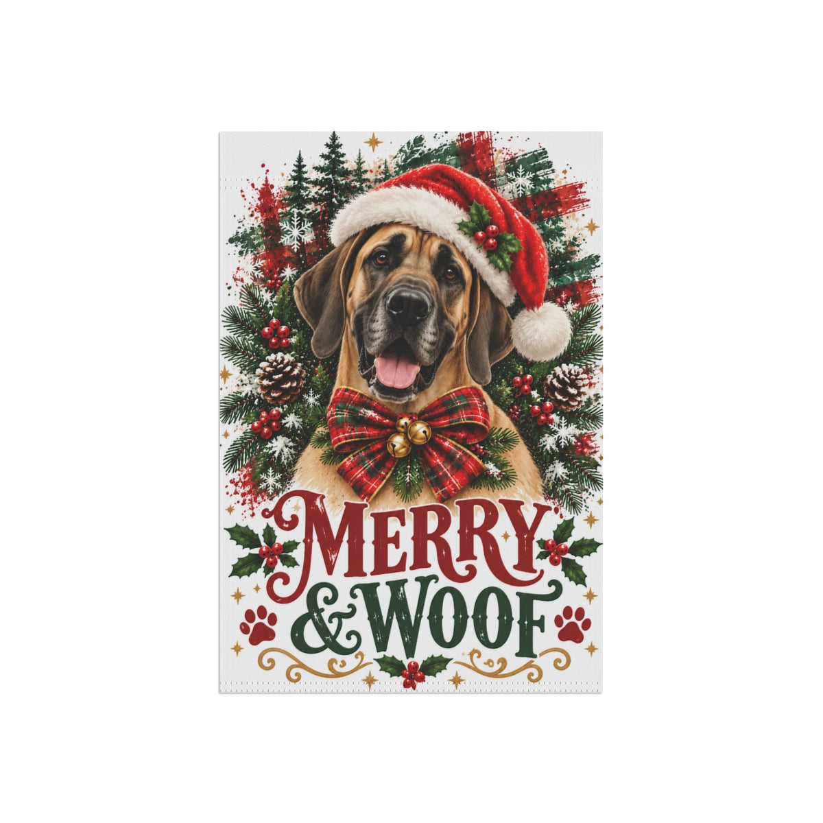 Fawn Great Dane Christmas Garden Flag, Merry & Woof Holiday Yard Decor