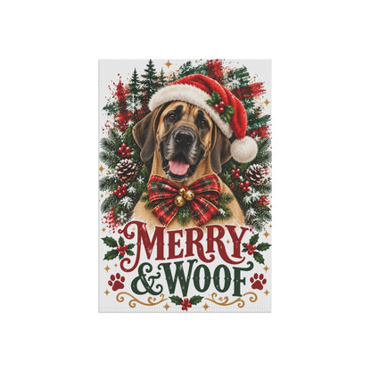 Fawn Great Dane Christmas Garden Flag, Merry & Woof Holiday Yard Decor