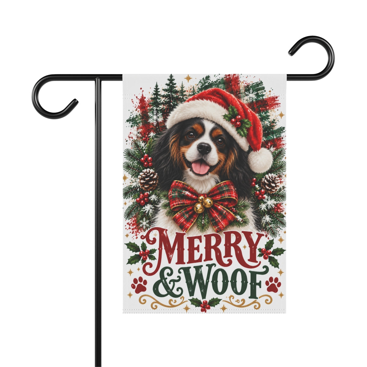 Tricolor Cavalier Christmas Garden Flag, Merry & Woof Holiday Dog Yard Decor