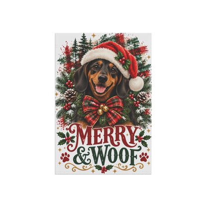 Black and Tan Dachshund Christmas Garden Flag, Merry & Woof Holiday Yard Decor