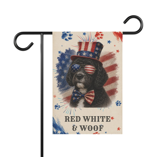 Patriotic Black Portuguese Water Dog Garden Flag, Red White and Woof