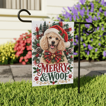 Poodle Christmas Garden Flag, Merry & Woof Holiday Dog Yard Decor