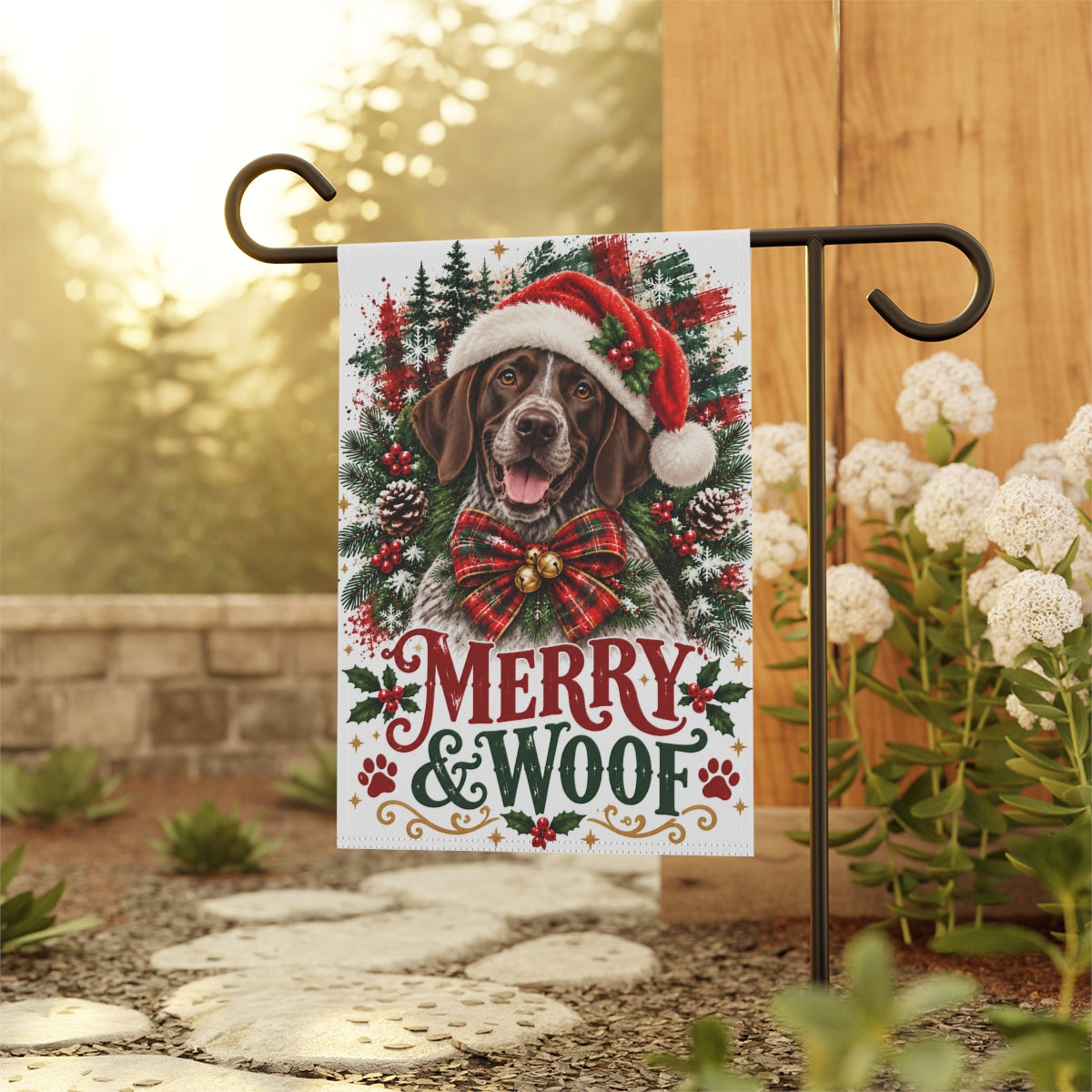 German Shorthaired Pointer Christmas Garden Flag, Merry & Woof Holiday Yard Decor