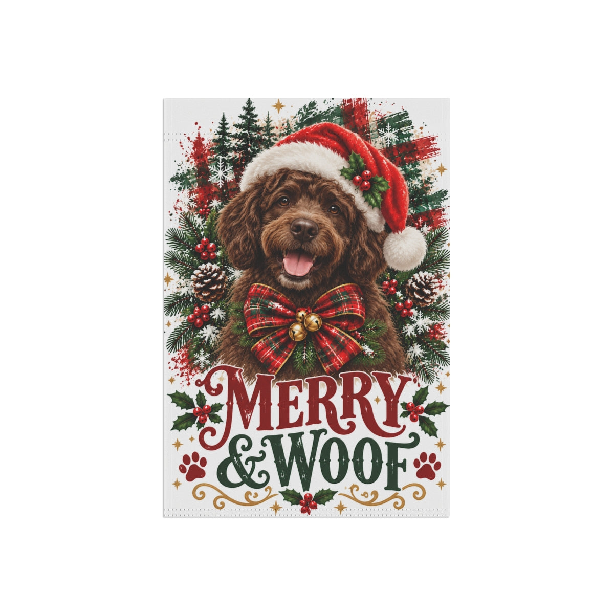 Brown Portuguese Water Dog Christmas Garden Flag, Merry & Woof Holiday Yard Decor