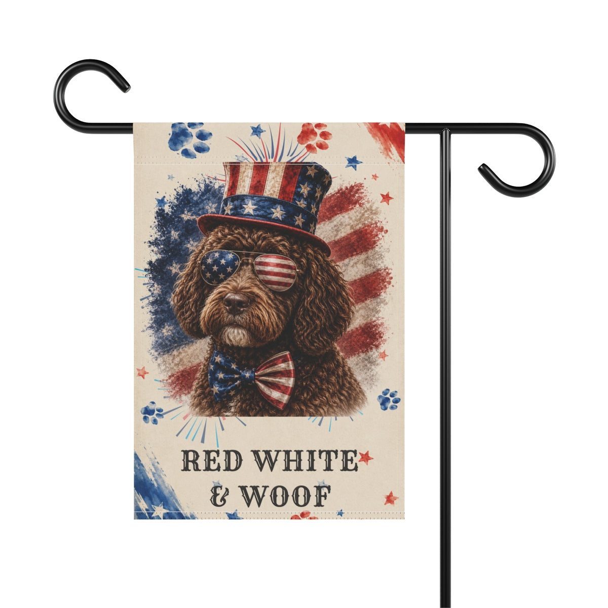 Patriotic Brown Portuguese Water Dog Garden Flag, Red White and Woof
