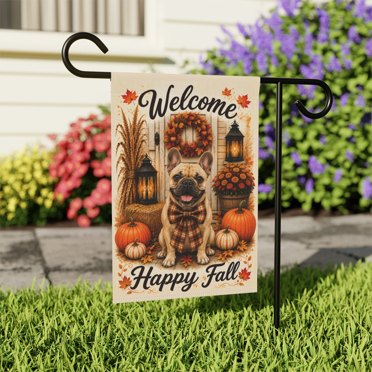 French Bulldog Welcome Fall Garden Flag, Autumn Frenchie Porch Decor, Frenchie Lover Gift