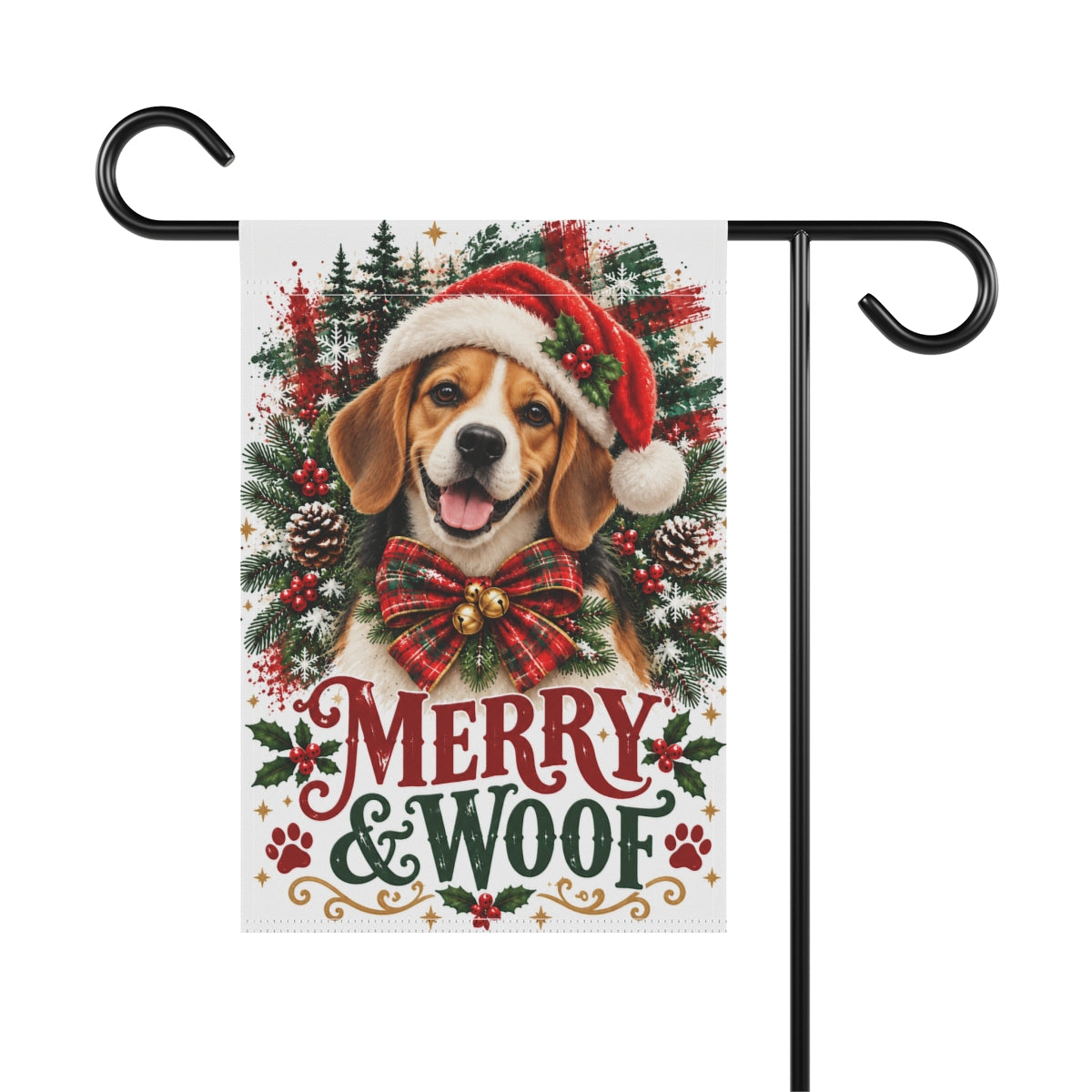 Beagle Christmas Garden Flag, Merry & Woof Holiday Dog Yard Decor