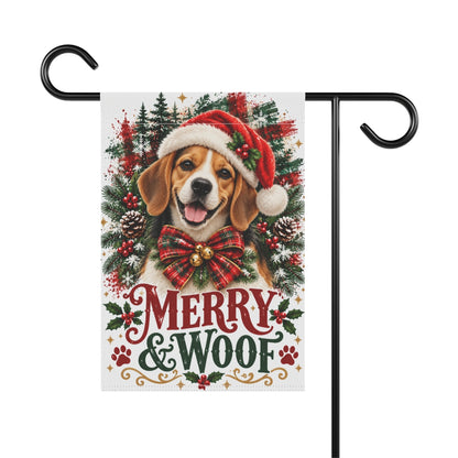 Beagle Christmas Garden Flag, Merry & Woof Holiday Dog Yard Decor