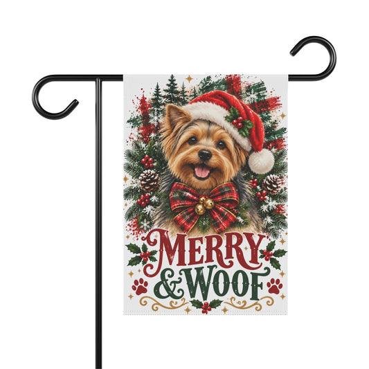 Yorkshire Terrier Christmas Garden Flag, Merry & Woof Holiday Dog Yard Decor