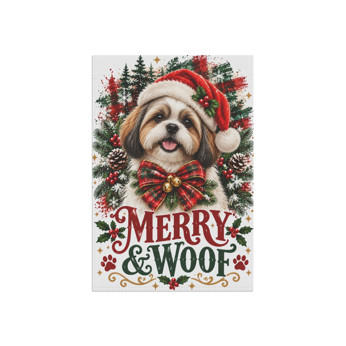 Shih Tzu Christmas Garden Flag, Merry & Woof Holiday Dog Yard Decor