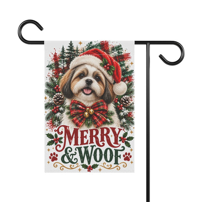 Shih Tzu Christmas Garden Flag, Merry & Woof Holiday Dog Yard Decor