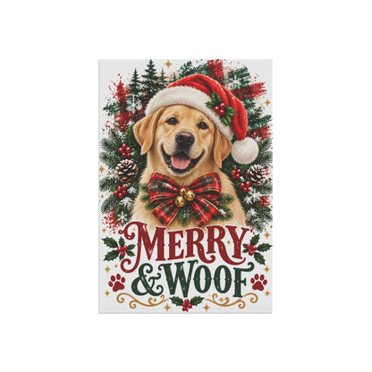 Yellow Labrador Retriever Christmas Garden Flag, Merry & Woof Holiday Yard Decor