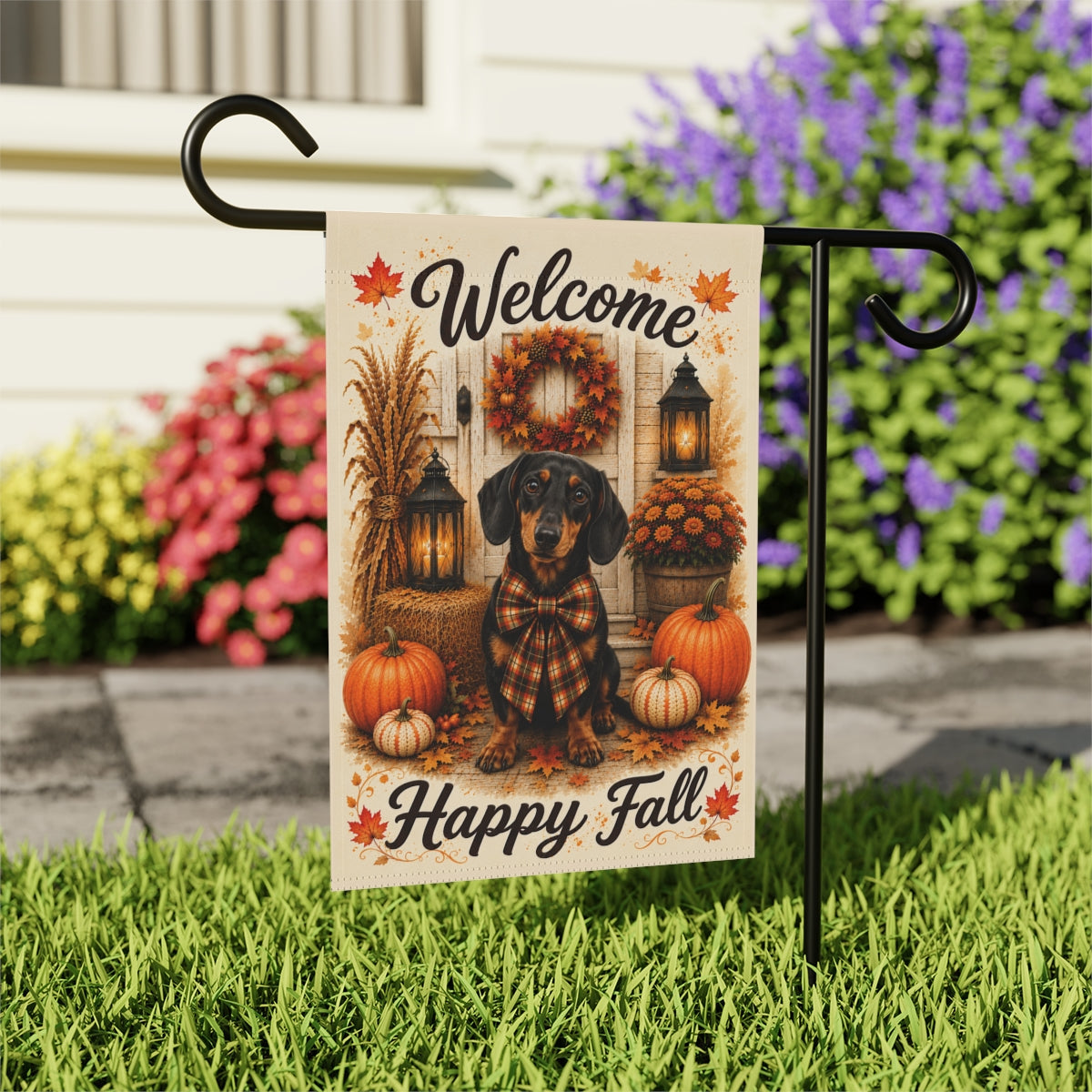 Black and Tan Dachshund Welcome Fall Garden Flag, Autumn Doxie Porch Decor, Dachshund Gift