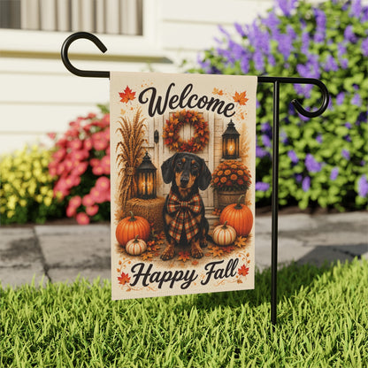 Black and Tan Dachshund Welcome Fall Garden Flag, Autumn Doxie Porch Decor, Dachshund Gift