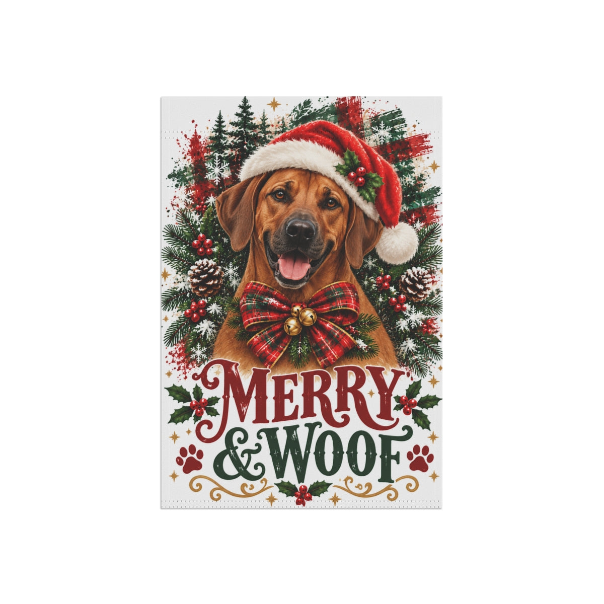 Rhodesian Ridgeback Christmas Garden Flag, Merry & Woof Holiday Yard Decor