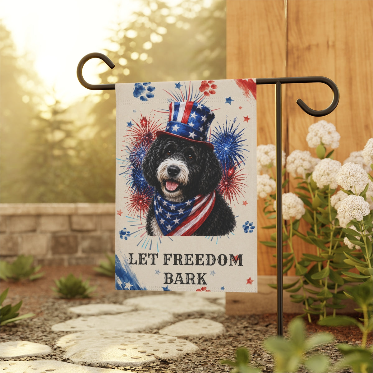 Patriotic Black Portuguese Water Dog Garden Flag, Let Freedom Bark