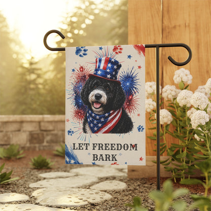 Patriotic Black Portuguese Water Dog Garden Flag, Let Freedom Bark