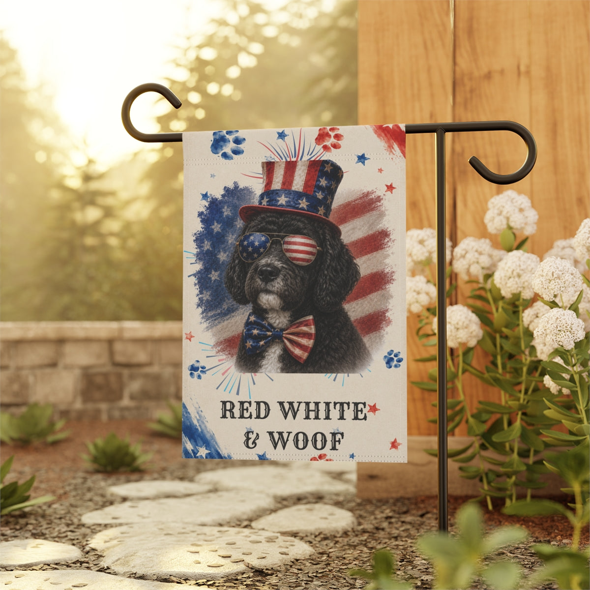 Patriotic Black Portuguese Water Dog Garden Flag, Red White and Woof