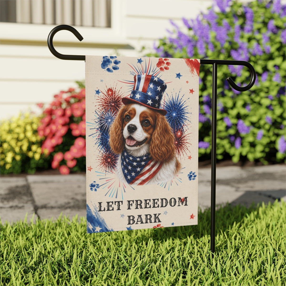 Patriotic Blenheim Cavalier Garden Flag, Let Freedom Bark