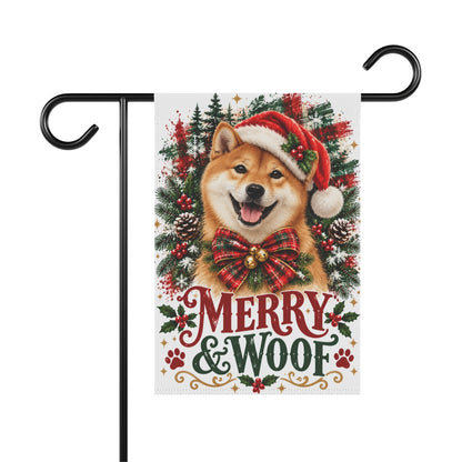 Red Shiba Inu Christmas Garden Flag, Merry & Woof Holiday Dog Yard Decor
