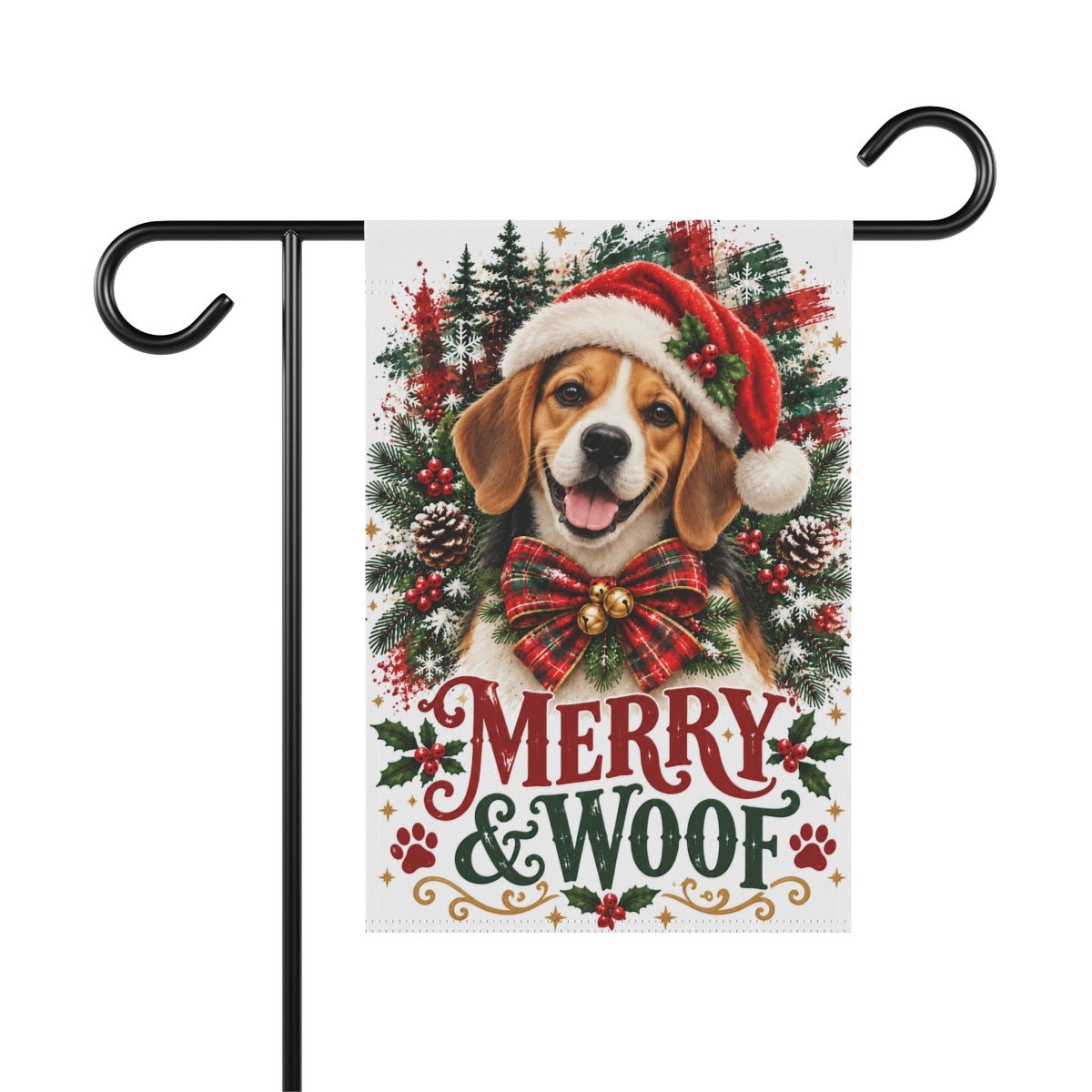 Beagle Christmas Garden Flag, Merry & Woof Holiday Dog Yard Decor