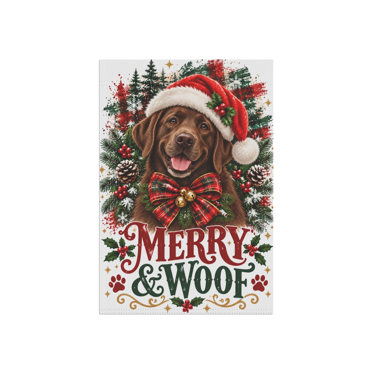 Chocolate Labrador Retriever Christmas Garden Flag, Merry & Woof Holiday Yard Decor
