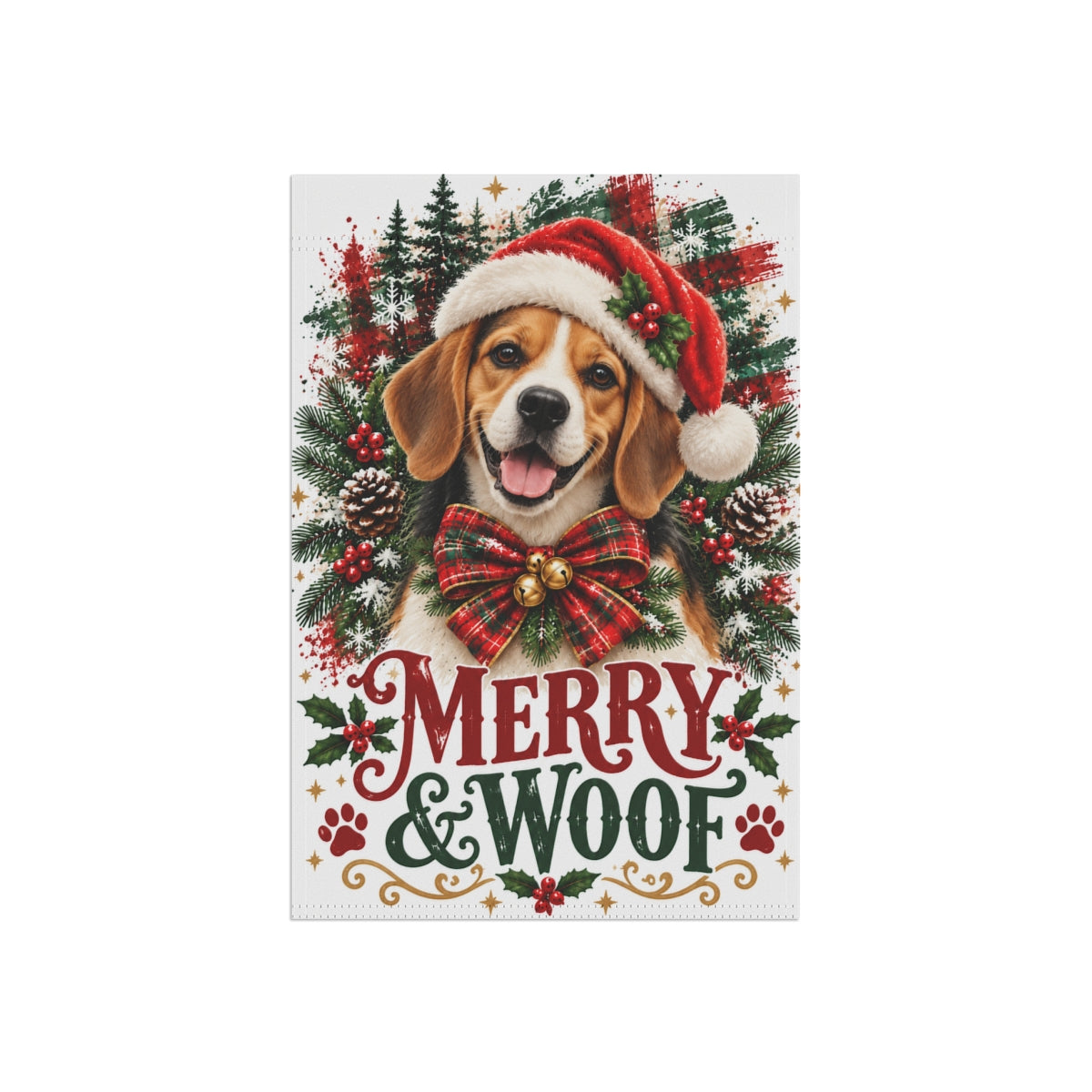 Beagle Christmas Garden Flag, Merry & Woof Holiday Dog Yard Decor