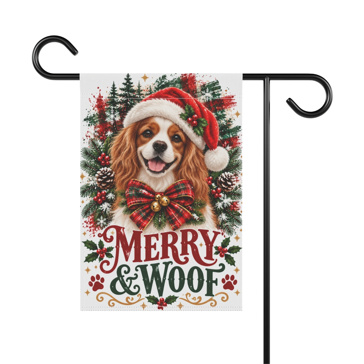 Blenheim Cavalier Christmas Garden Flag, Merry & Woof Holiday Dog Yard Decor
