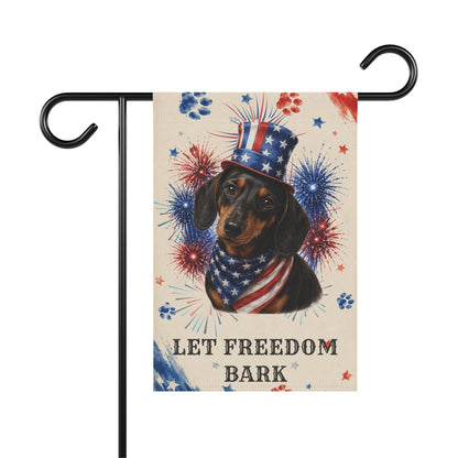 Patriotic Black and Tan Dachshund Garden Flag, Let Freedom Bark