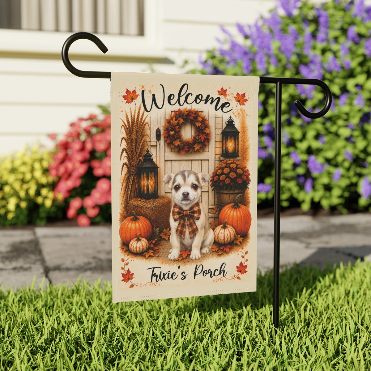 Personalized Fall Garden Flag with Pet Photo, Custom Welcome Yard Flag, Farmhouse Autumn Porch Decor