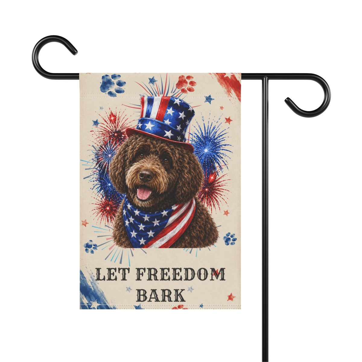Patriotic Brown Portuguese Water Dog Garden Flag, Let Freedom Bark