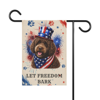 Patriotic Brown Portuguese Water Dog Garden Flag, Let Freedom Bark