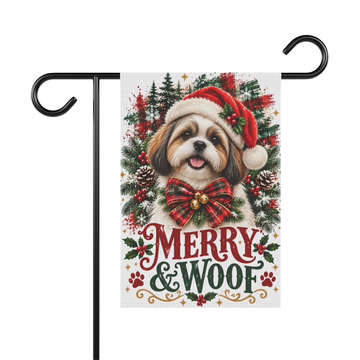 Shih Tzu Christmas Garden Flag, Merry & Woof Holiday Dog Yard Decor