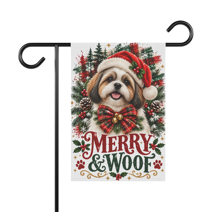 Shih Tzu Christmas Garden Flag, Merry & Woof Holiday Dog Yard Decor