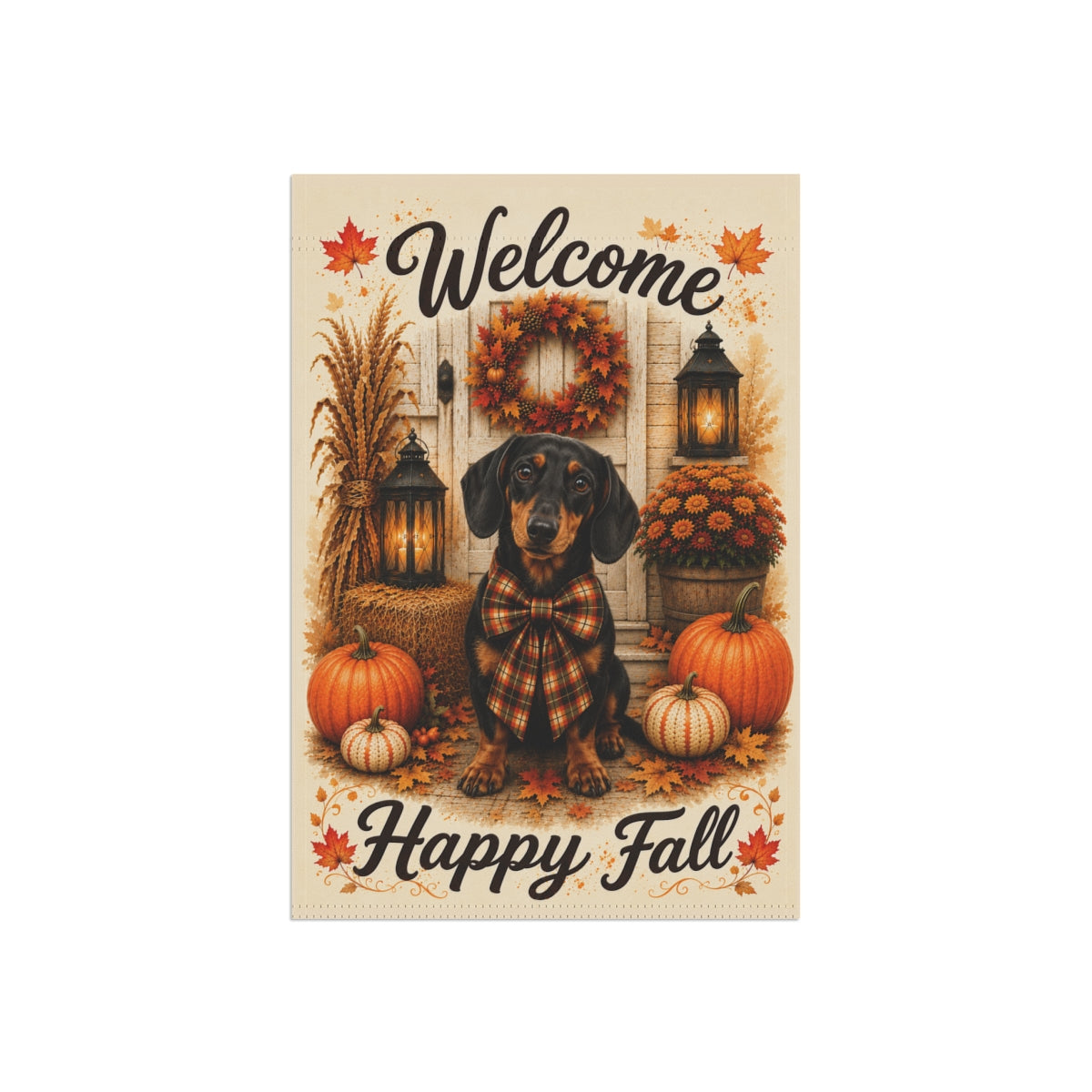 Black and Tan Dachshund Welcome Fall Garden Flag, Autumn Doxie Porch Decor, Dachshund Gift