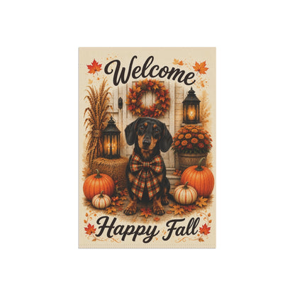 Black and Tan Dachshund Welcome Fall Garden Flag, Autumn Doxie Porch Decor, Dachshund Gift