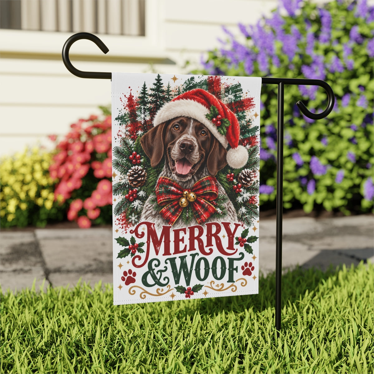 German Shorthaired Pointer Christmas Garden Flag, Merry & Woof Holiday Yard Decor