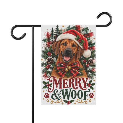 Rhodesian Ridgeback Christmas Garden Flag, Merry & Woof Holiday Yard Decor