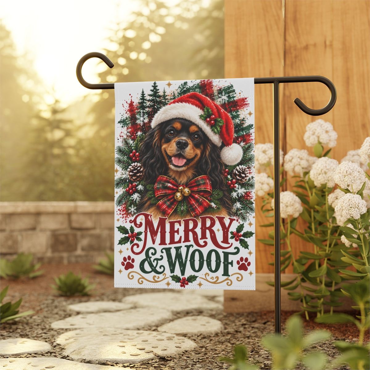 Black and Tan Cavalier Christmas Garden Flag, Merry & Woof Holiday Dog Yard Decor