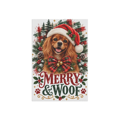 Ruby Cavalier Christmas Garden Flag, Merry & Woof Holiday Dog Yard Decor