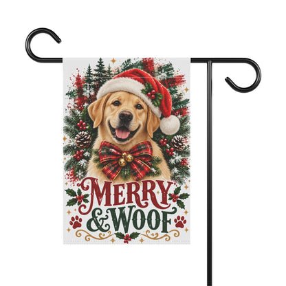 Yellow Labrador Retriever Christmas Garden Flag, Merry & Woof Holiday Yard Decor