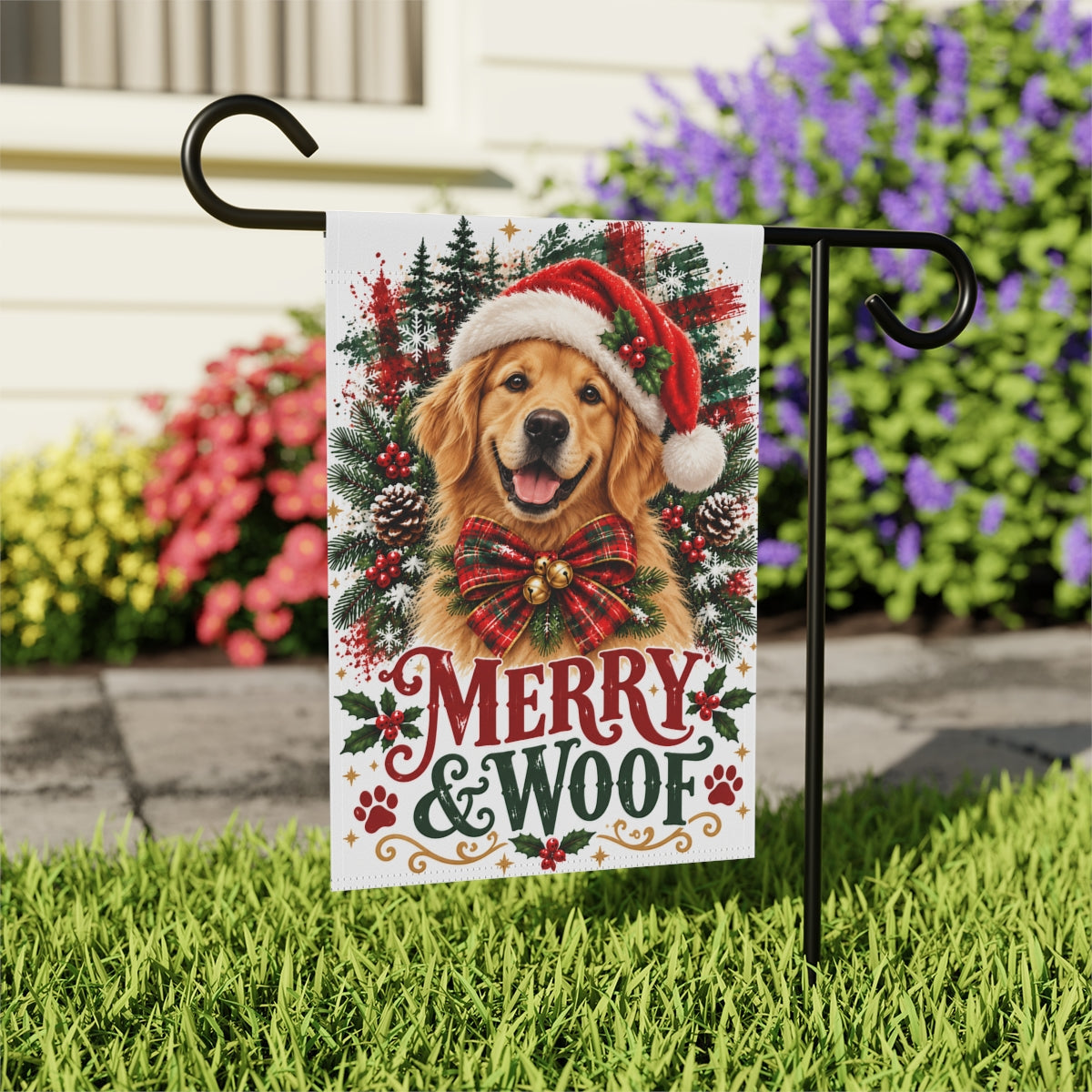 Golden Retriever Christmas Garden Flag, Merry & Woof Holiday Dog Yard Decor