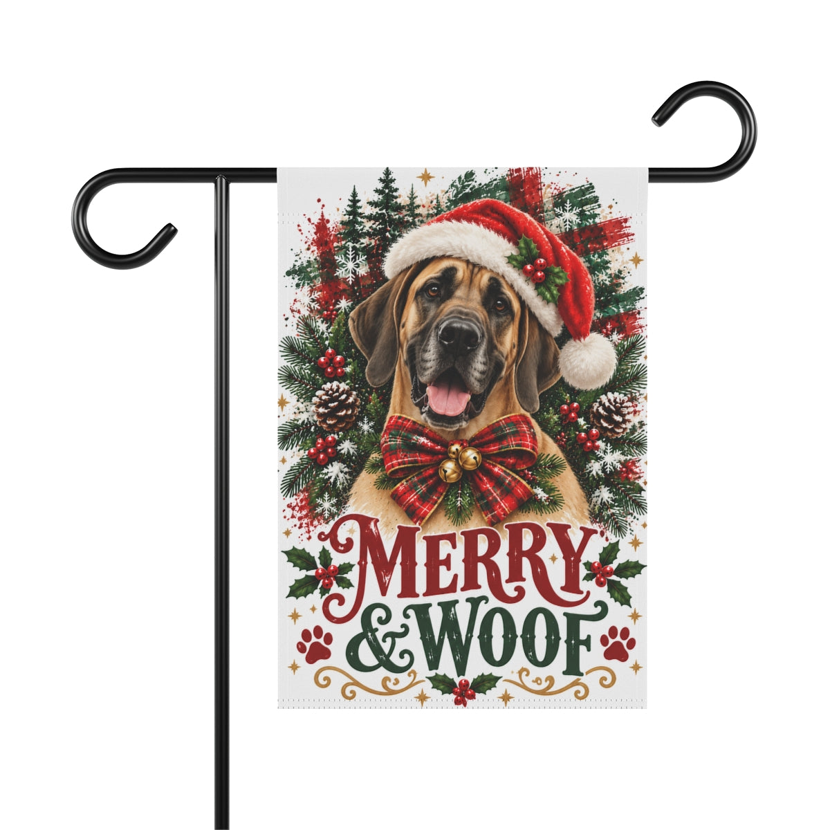 Fawn Great Dane Christmas Garden Flag, Merry & Woof Holiday Yard Decor