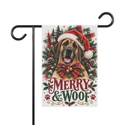 Fawn Great Dane Christmas Garden Flag, Merry & Woof Holiday Yard Decor