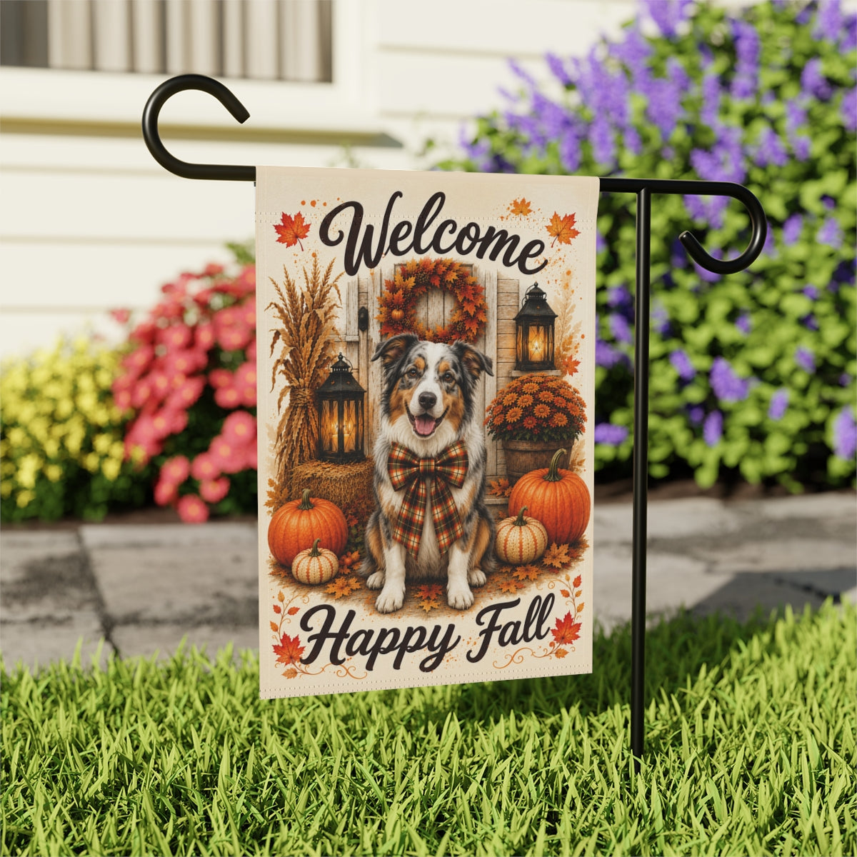 Australian Shepherd Welcome Fall Garden Flag, Autumn Dog Porch Decor, Aussie Lover Gift