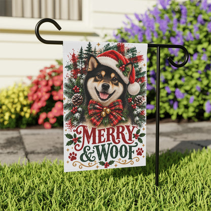 Black Shiba Inu Christmas Garden Flag, Merry & Woof Holiday Dog Yard Decor