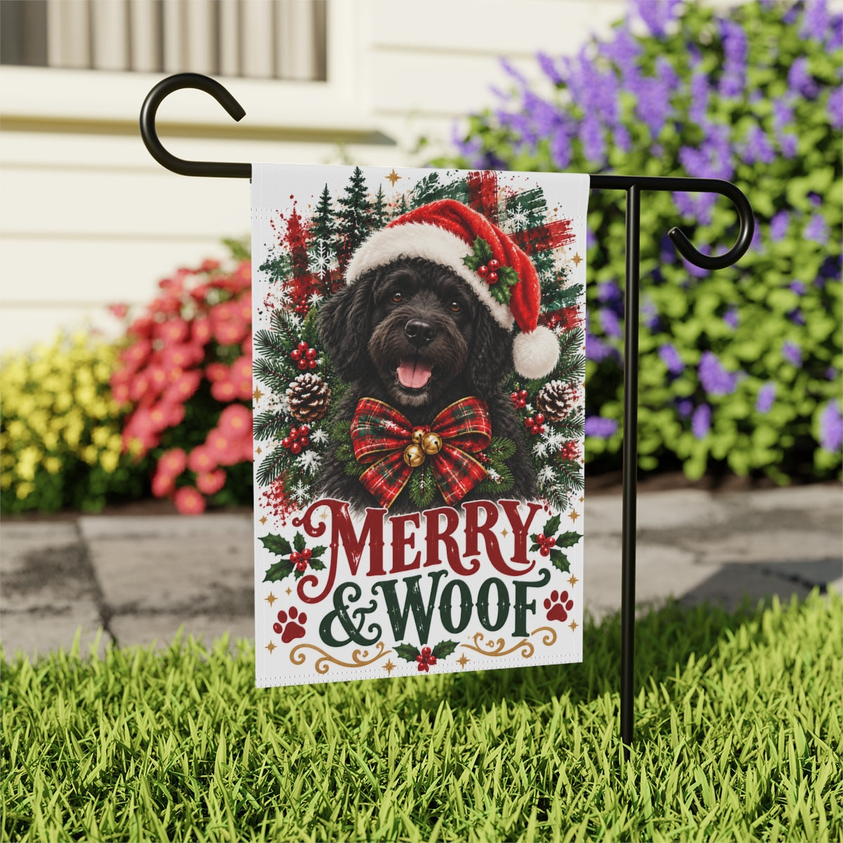 Black Portuguese Water Dog Christmas Garden Flag, Merry & Woof Holiday Yard Decor