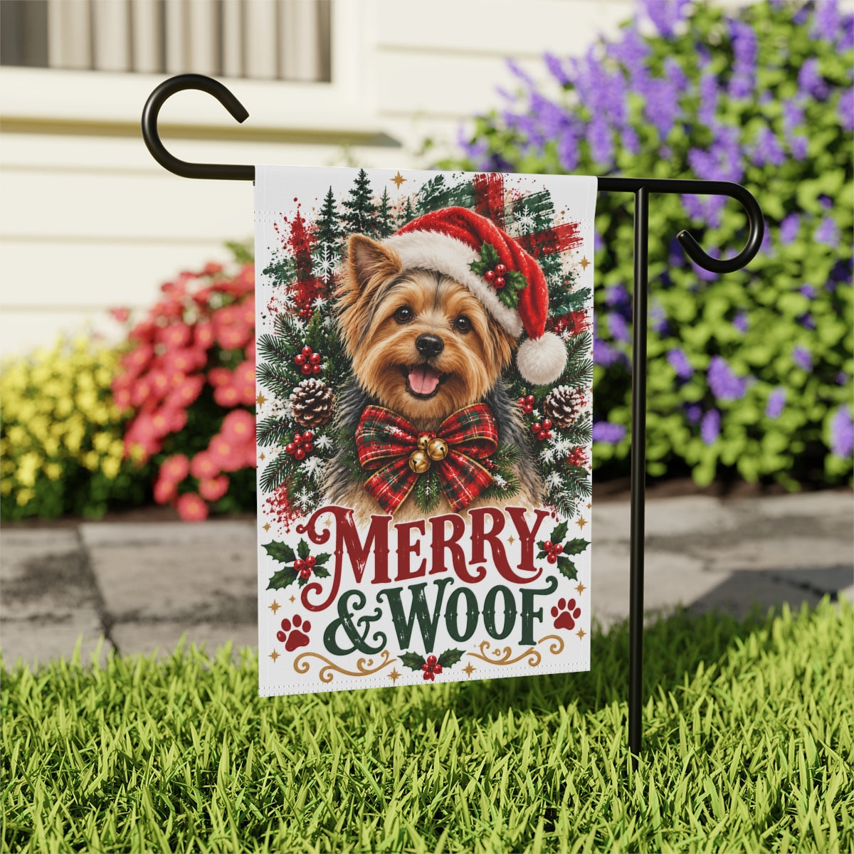 Yorkshire Terrier Christmas Garden Flag, Merry & Woof Holiday Dog Yard Decor