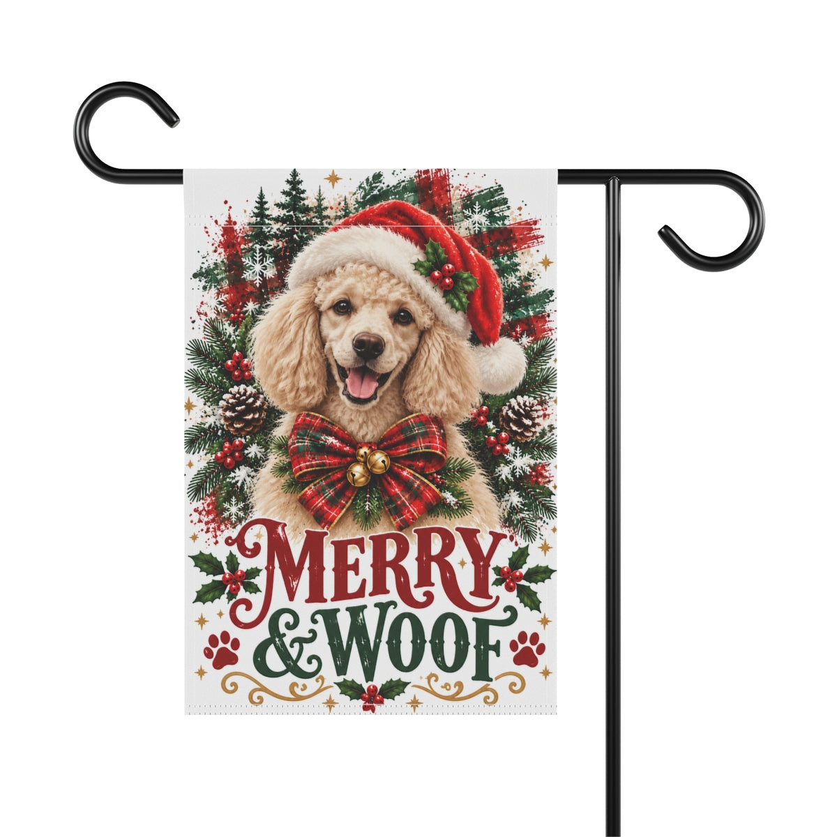 Poodle Christmas Garden Flag, Merry & Woof Holiday Dog Yard Decor
