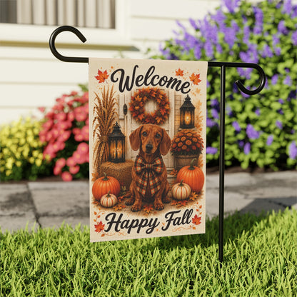 Red Dachshund Welcome Fall Garden Flag, Autumn Doxie Porch Decor, Dachshund Lover Gift